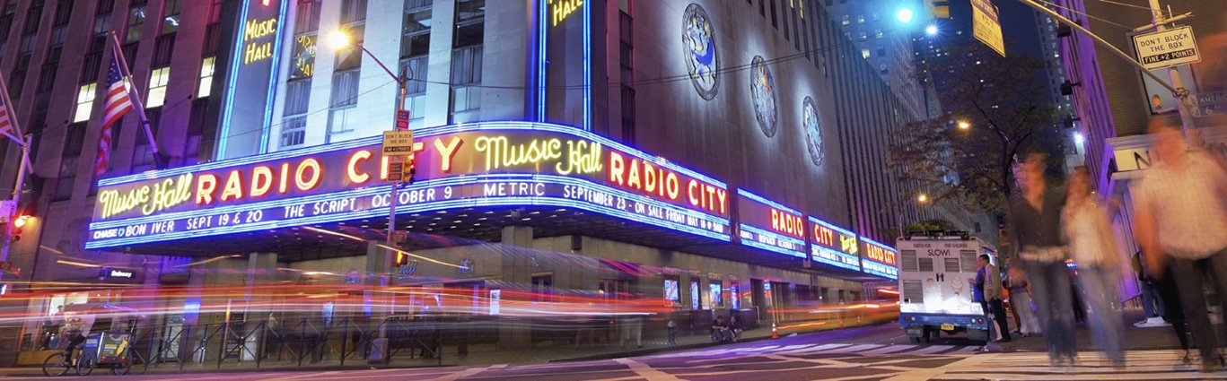 A nighttime view of Radio City Music Hall in New York City
